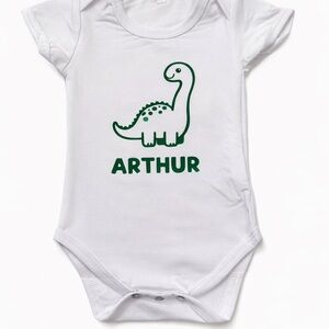 Made to order Personalized White Baby Onesie with Green Dinosaur Print